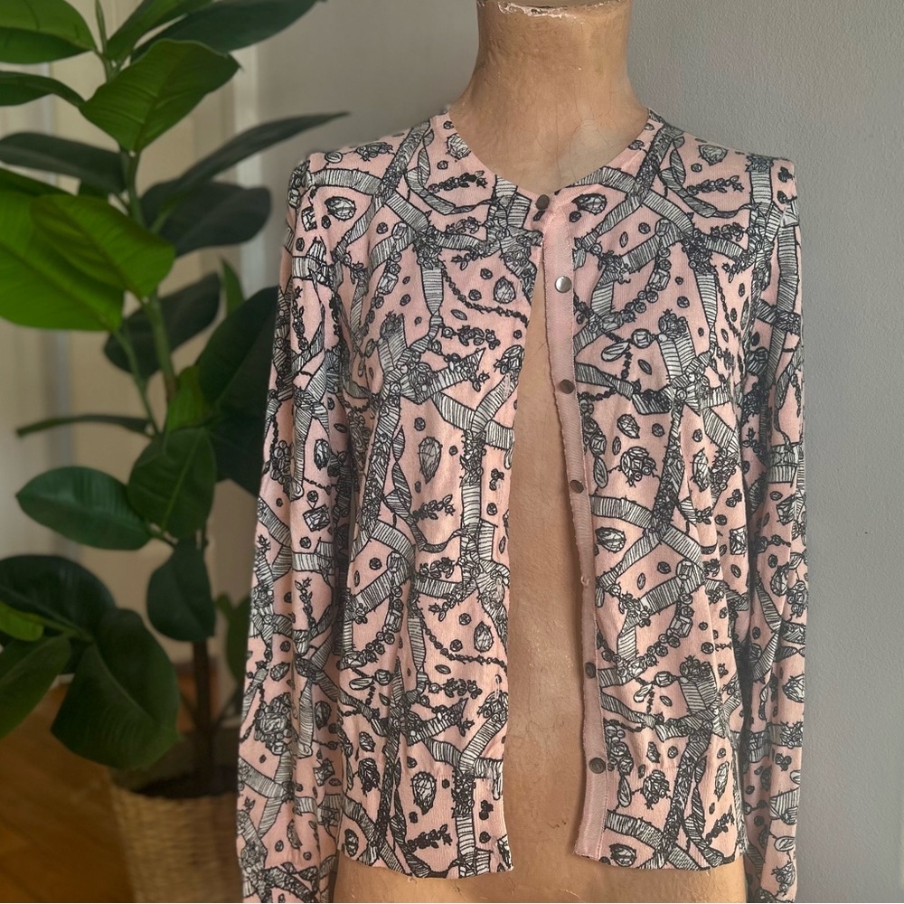Ann Taylor Light Pastel Pink Cardigan B/W Crystals Pattern - Size L - Wedding